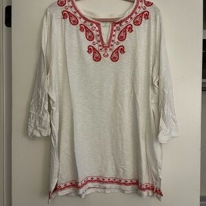 Talbot’s size 2X Embroidered White and Red Women's Top, white cotton with red em